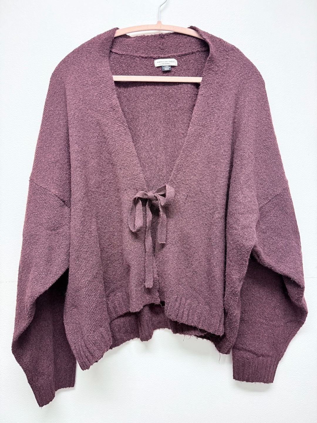 American Eagle Tie-Front Cardigan Size L Burgundy Knit Sweater 4
