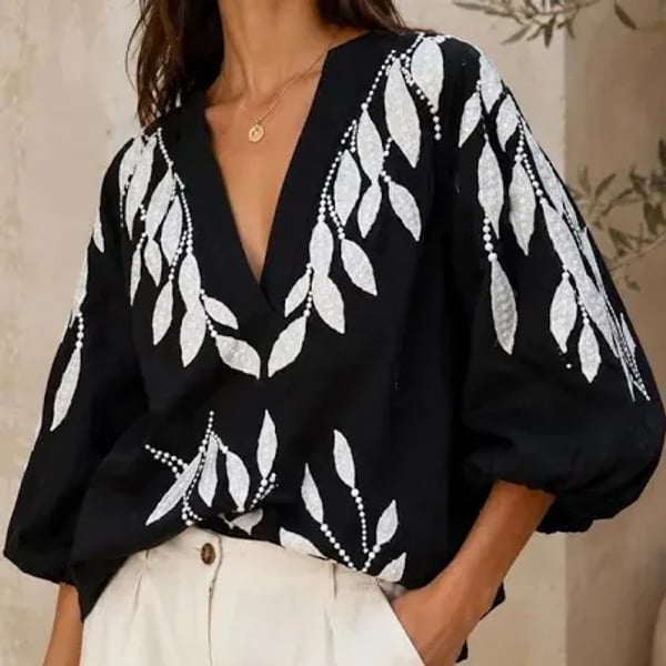 Anthropologie Black Puff-Sleeve Embroidered Blouse Sz Small 