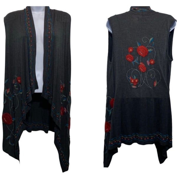 Caite Embroidered Open Front Embroidered Kimono Vest Dark Grey Lg 