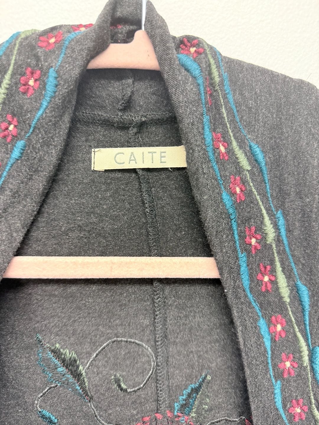 Caite Embroidered Open Front Embroidered Kimono Vest Dark Grey Lg  7