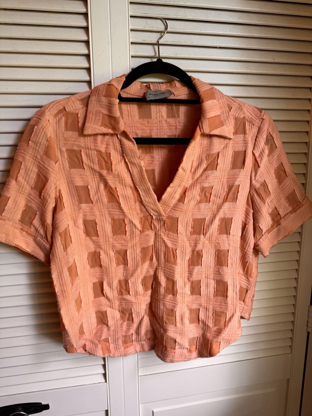 Rachel Comey Short Sleeve Shirt Size 4 Peach Textured Check Blouse 2