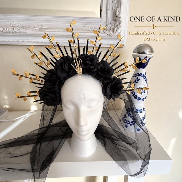Dia de los muertos Handcrafted Catrina Halo Crown Black Roses Gold Spiked Sunburst Veil