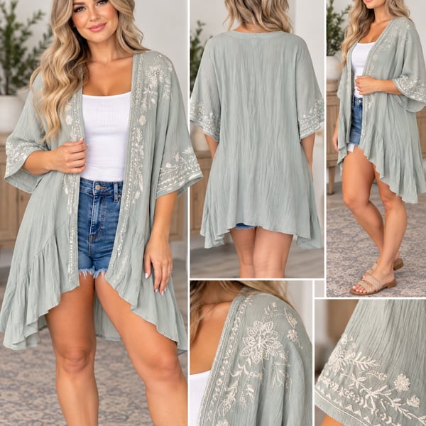Love, Fire Embroidered Kimono Cardigan Sage Green Women’s Size XS