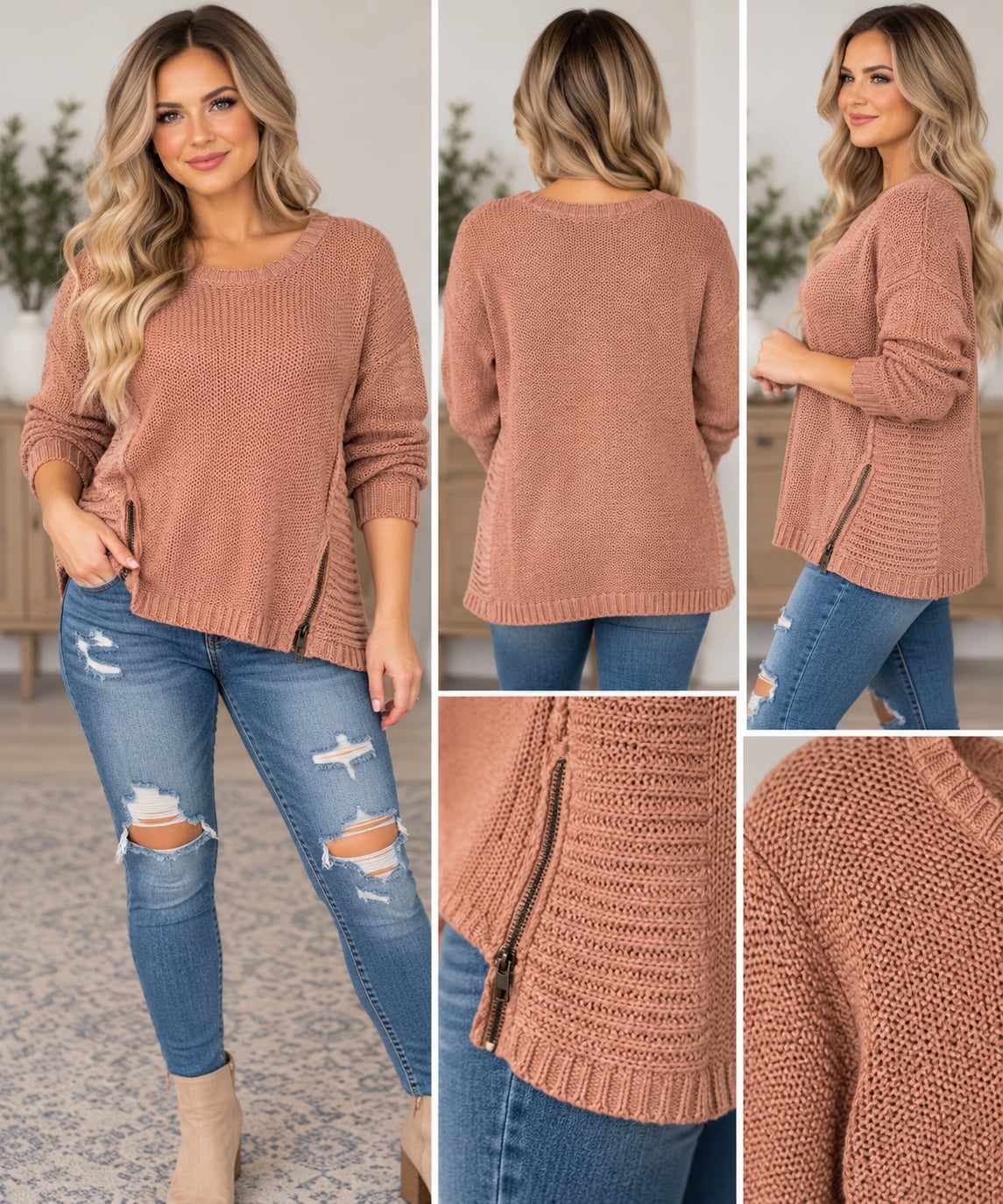 Quinn Sweater Size Small Mauve Chunky Knit Side Zip 2