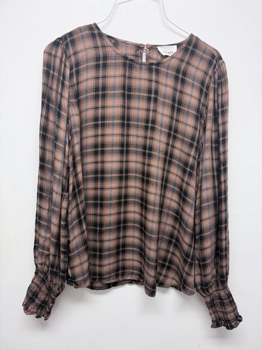 Andrée By Unit Plaid brown blue Blouse Size L Long Sleeve Top 2