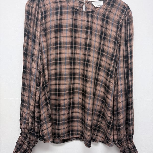 Andrée By Unit Plaid brown blue Blouse Size L Long Sleeve Top
