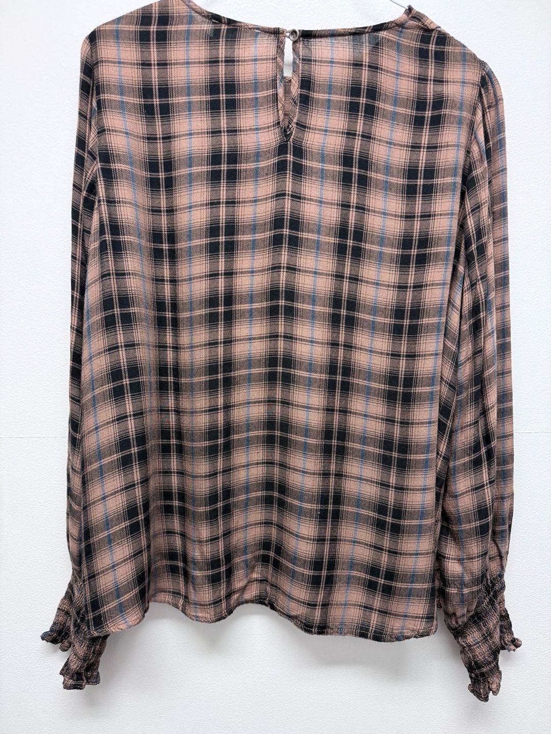 Andrée By Unit Plaid brown blue Blouse Size L Long Sleeve Top 3
