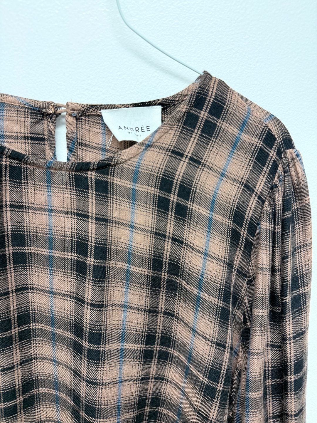 Andrée By Unit Plaid brown blue Blouse Size L Long Sleeve Top 4