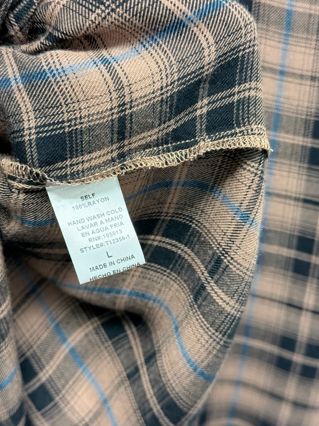 Andrée By Unit Plaid brown blue Blouse Size L Long Sleeve Top 7