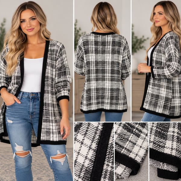 Maurices Plaid Cardigan Sweater Black White Open Front Women’s Size XL