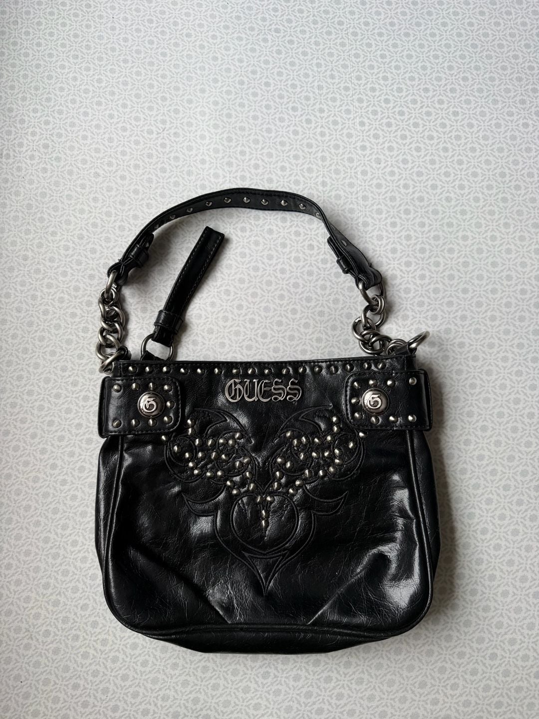 Vintage Y2K Guess Studded Leather Hobo Shoulder Bag Black Goth Grunge Chain 2
