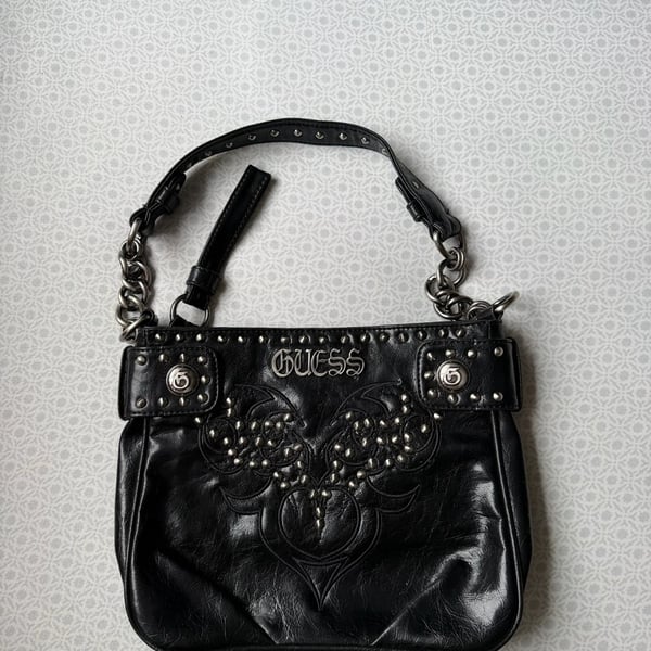 Vintage Y2K Guess Studded Leather Hobo Shoulder Bag Black Goth Grunge Chain