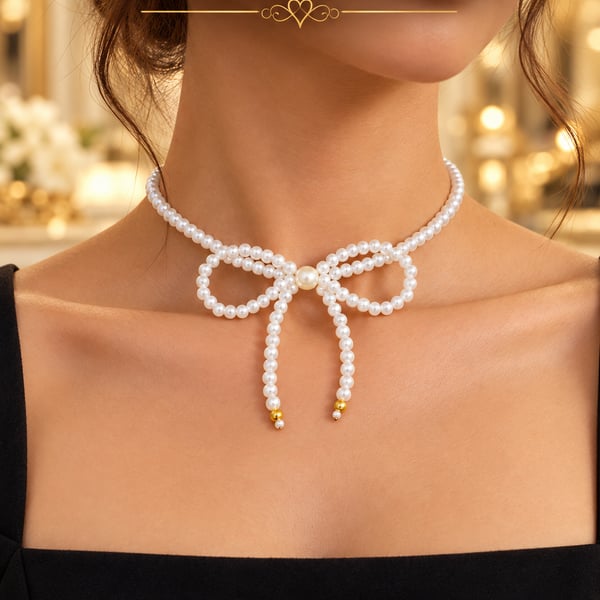 Elegant White Pearl Bow Choker handmade 