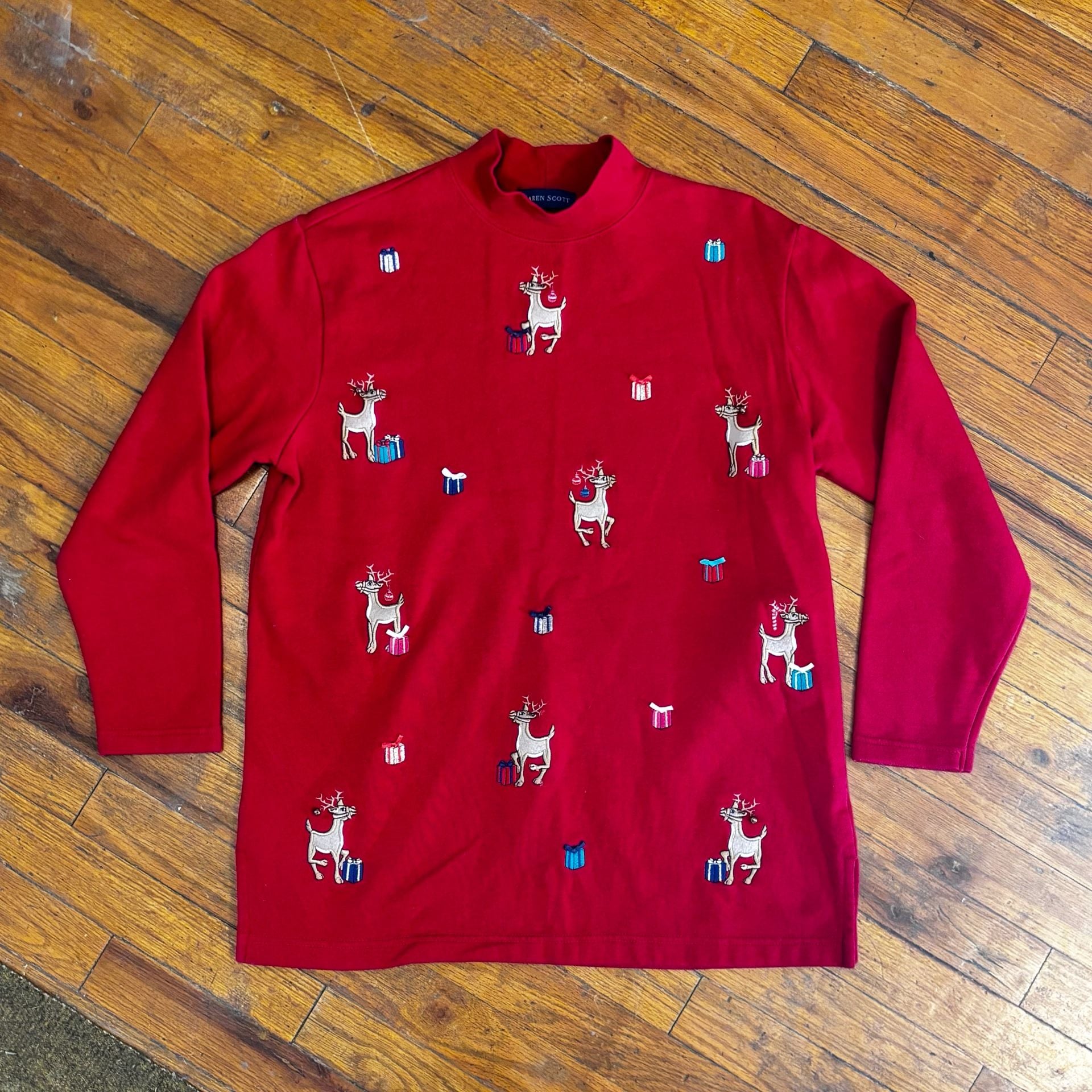 Karen Scott Reindeer Christmas Mock Neck Top Size M Red Embroidered 2