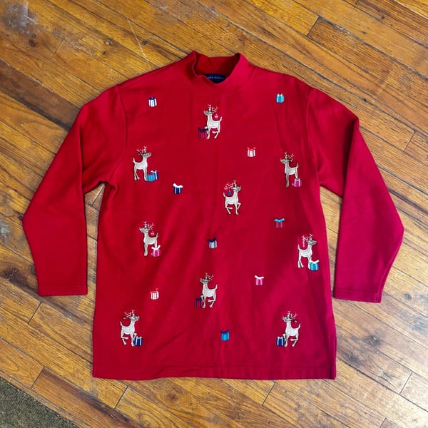 Karen Scott Reindeer Christmas Mock Neck Top Size M Red Embroidered
