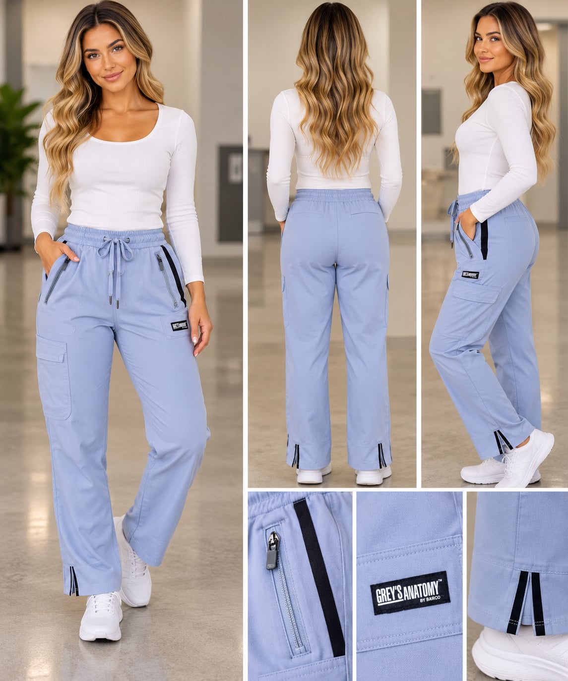 Grey's Anatomy Impact Scrub Pants Blue Cargo Drawstring Women’s XS 2