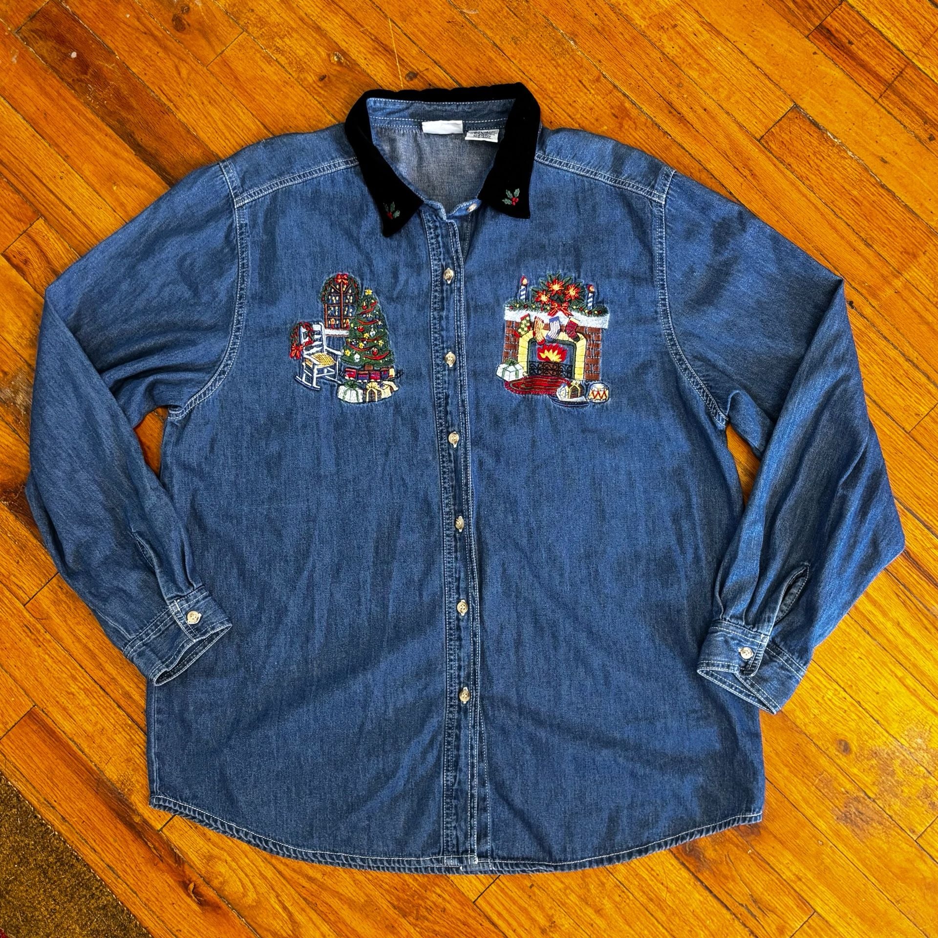 Vintage Bobbie Brooks Christmas Embroidered Denim Shirt Size 16/18 2