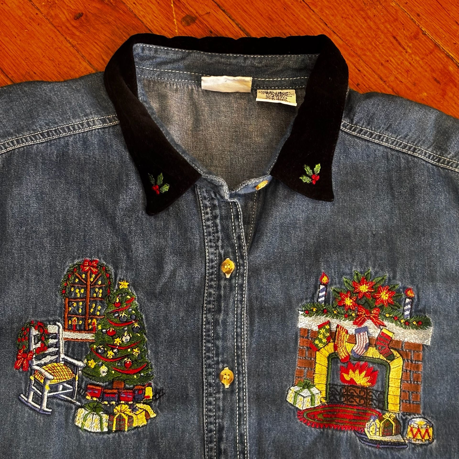 Vintage Bobbie Brooks Christmas Embroidered Denim Shirt Size 16/18 3