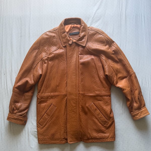 Vintage Andrew Marc Leather Parka Jacket Coat Heavyweight Brown Cognac XL