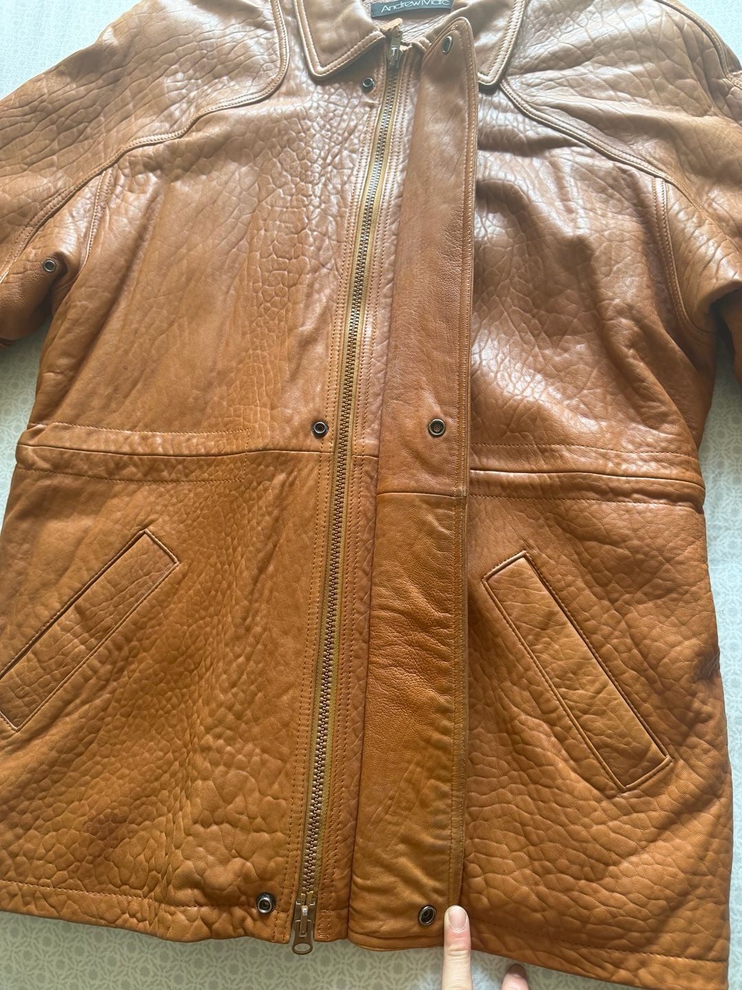 Vintage Andrew Marc Leather Parka Jacket Coat Heavyweight Brown Cognac XL 9