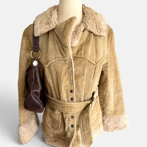 Vintage 70s Tan Corduroy Sherpa Lined Belted Jacket Coat Snap Front Japan Made