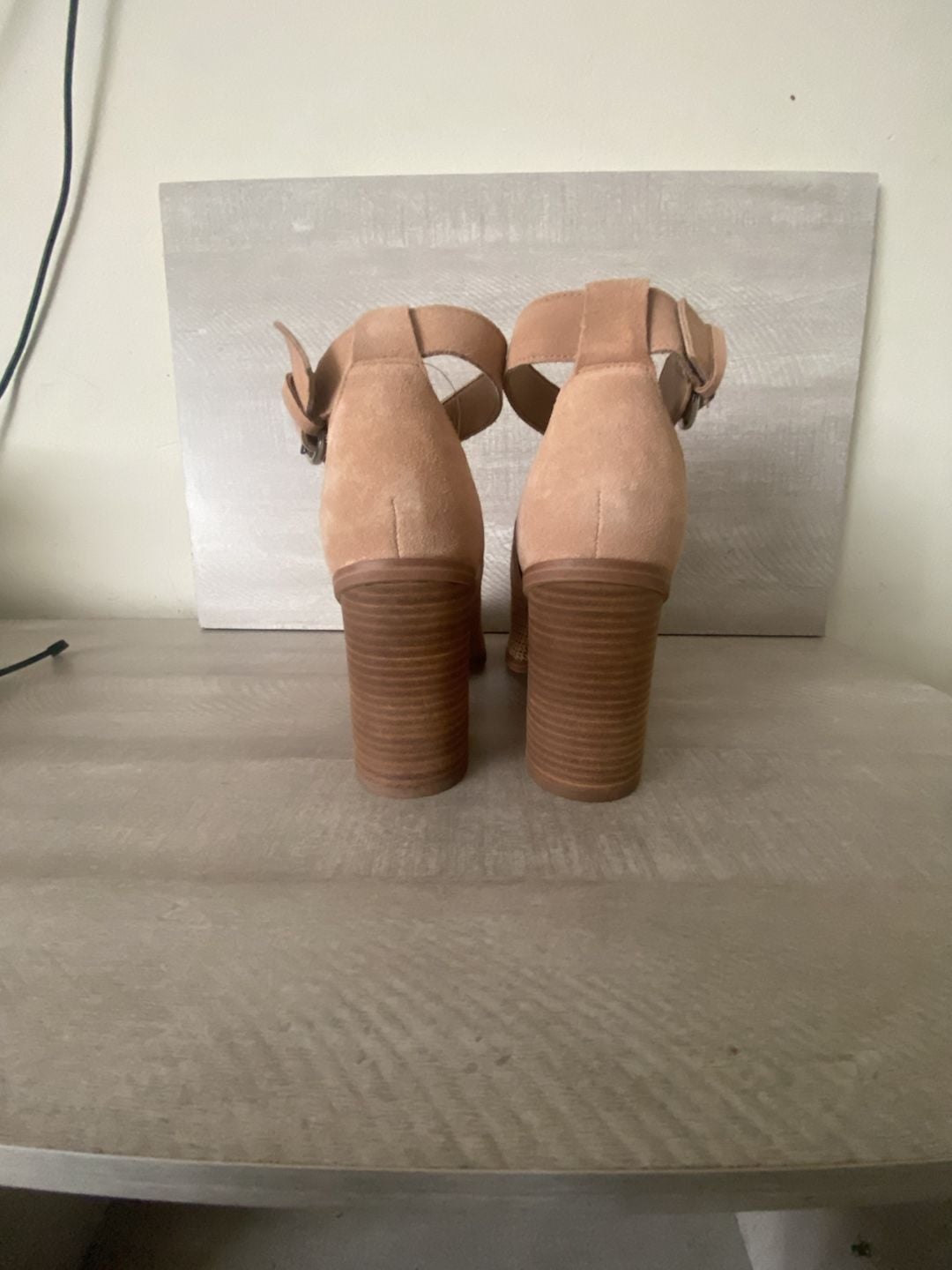 Marc Fisher LTD Vixen Cutout Suede Sandals Size 9.5M Beige Block Heel 5