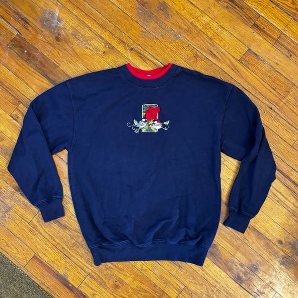 Vintage Granny-core Sweatshirt Size Medium Navy Blue Cardinal Birds