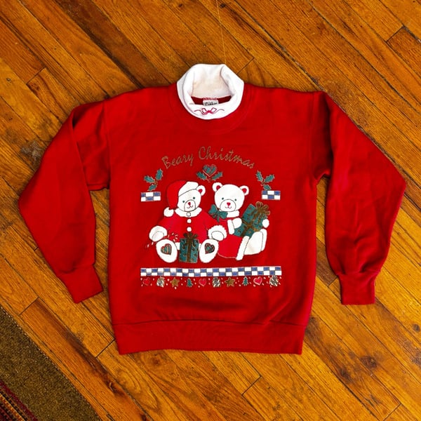 Vintage Granny-core Beary Christmas Sweatshirt Size S Red Mock Neck