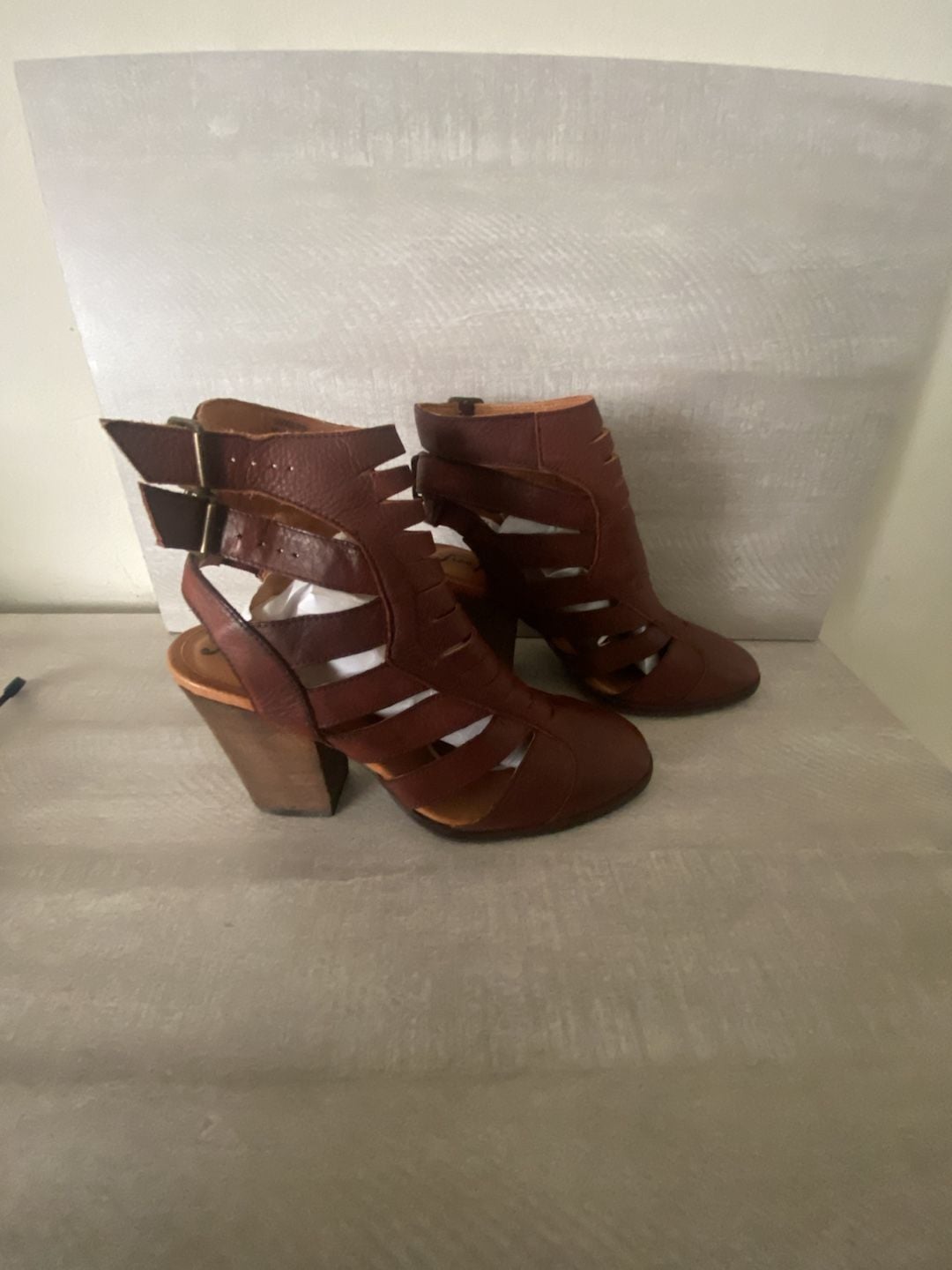 Free People Hayes Brown Leather Block Heel Strappy Buckle Bootie 2