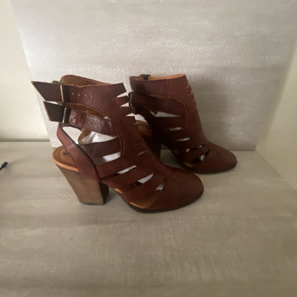 Free People Hayes Brown Leather Block Heel Strappy Buckle Bootie