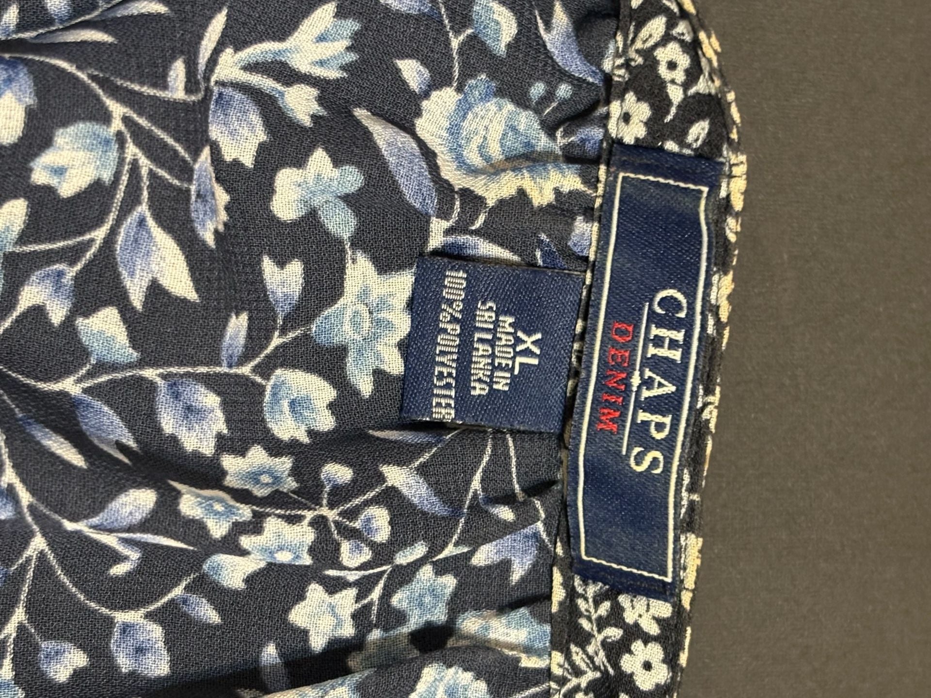 Chaps Denim Floral Blouse Size XL Blue Black Split Neck Long Sleeve 3