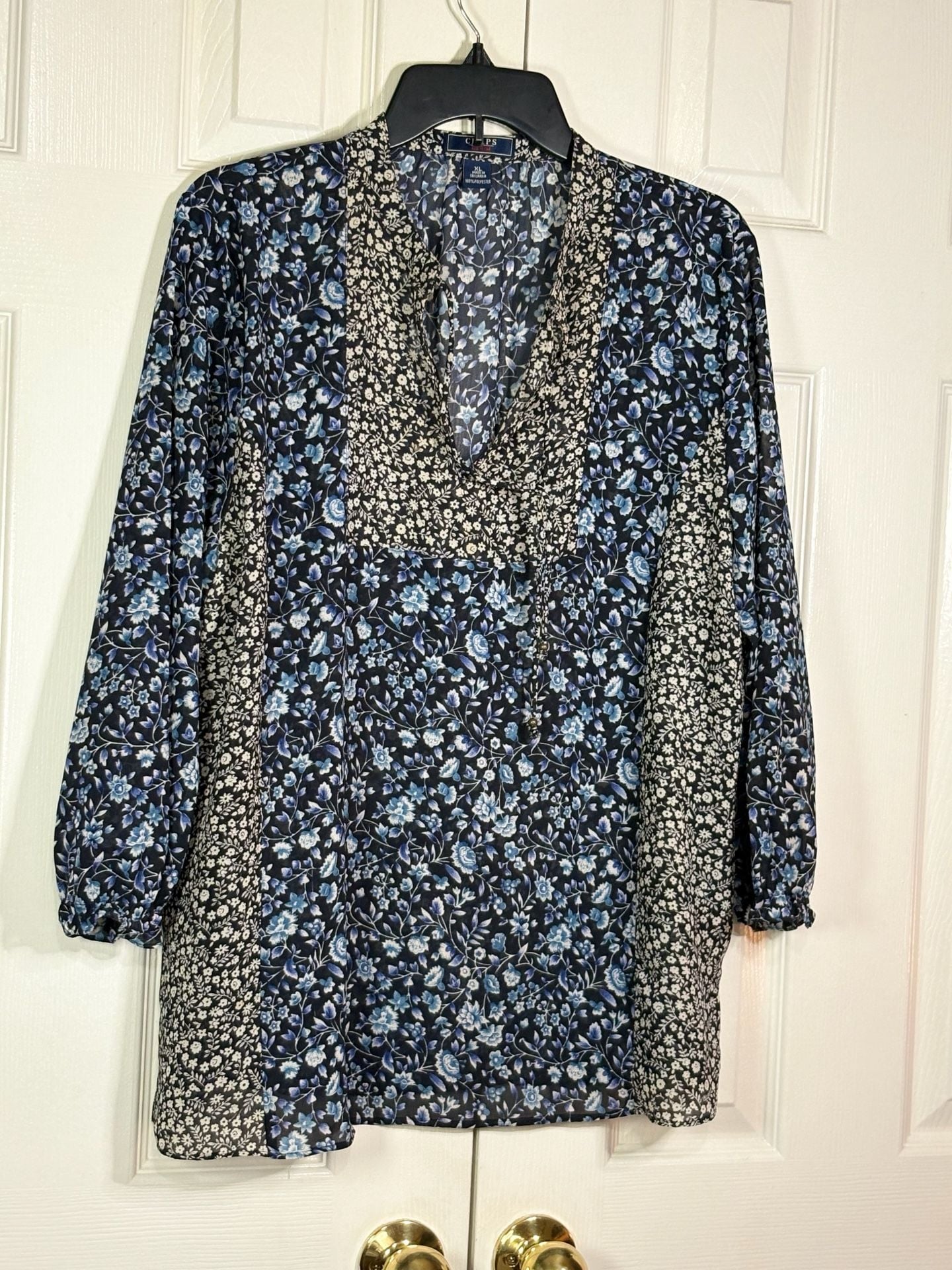 Chaps Denim Floral Blouse Size XL Blue Black Split Neck Long Sleeve 4