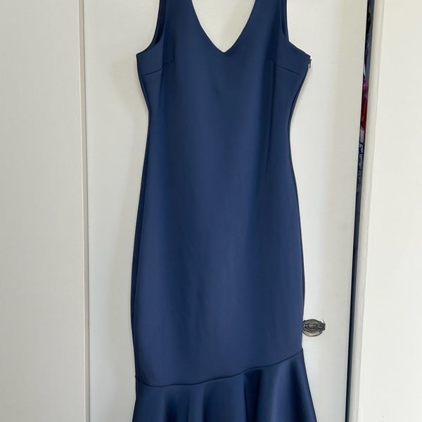 Carbon38 V-Neck Ruffle Hem Midi Dress Size L Blue Sleeveless