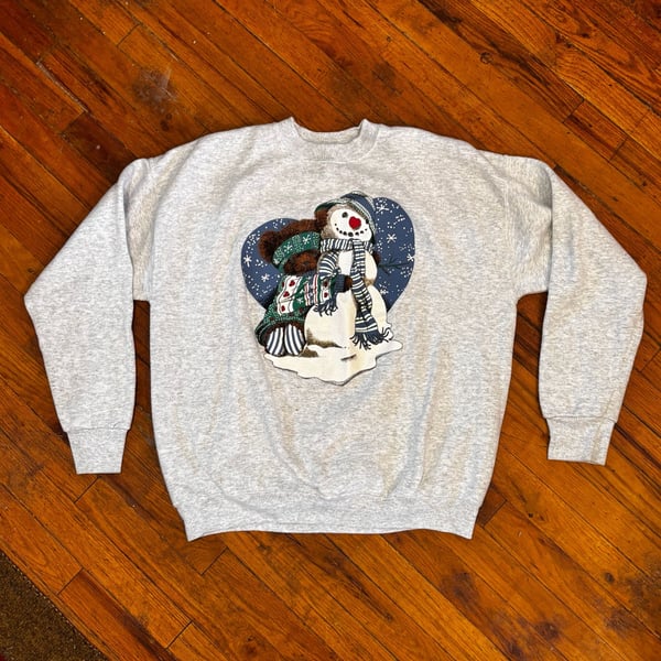Vintage Granny-core Snowman Christmas Sweatshirt Size XL Grey