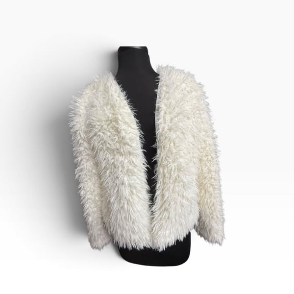 H&M Girls Ivory Faux Fur Shaggy Jacket Youth Size 14 Open Front Coat
