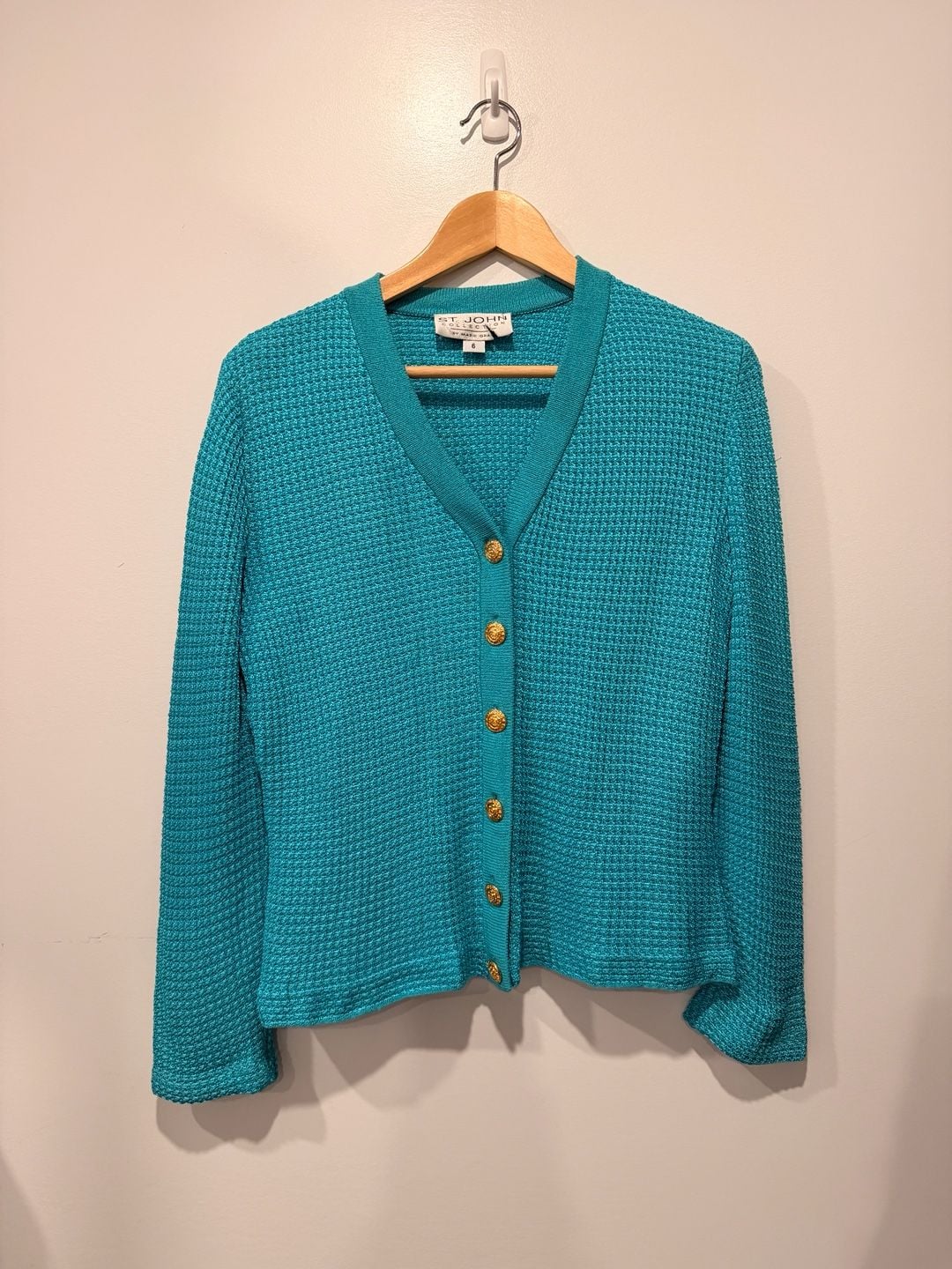 St. John Collection Cardigan Size 6 Teal Gold Buttons 2