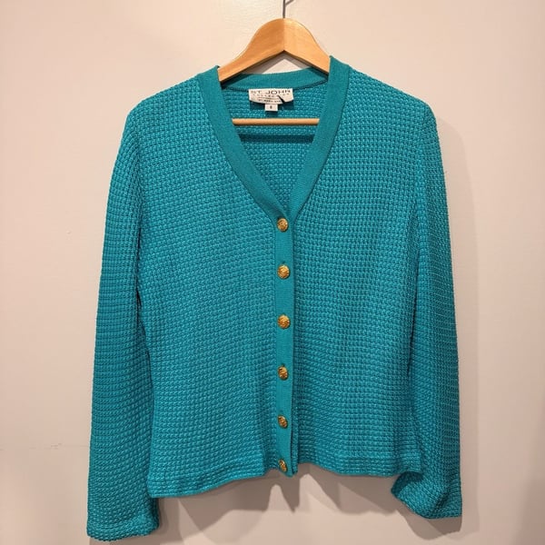 St. John Collection Cardigan Size 6 Teal Gold Buttons