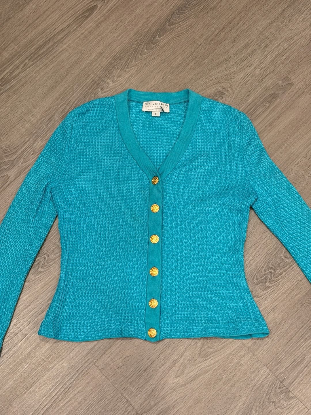 St. John Collection Cardigan Size 6 Teal Gold Buttons 6