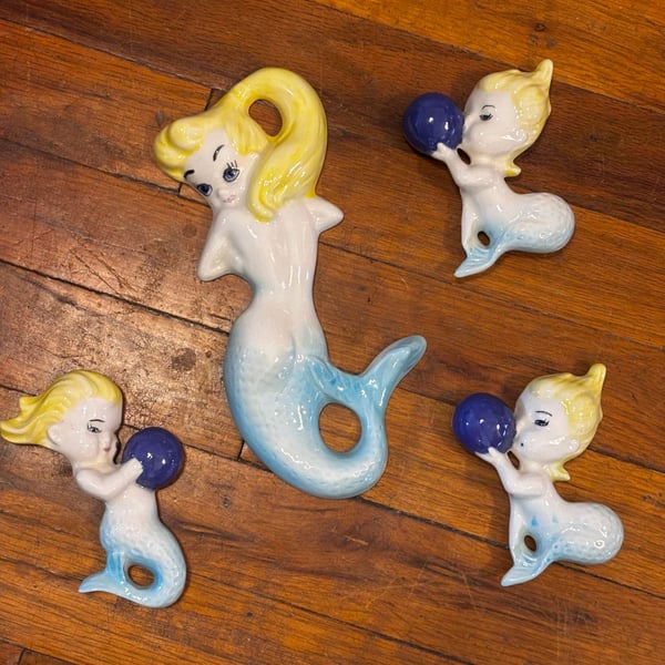 Vintage 1960s MCM Ceramic Pinup Mermaid Wall Plaques Set of Four