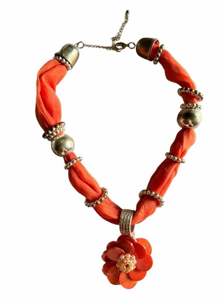 Orange Fabric And Silver Bead Flower Pendant Necklace 2