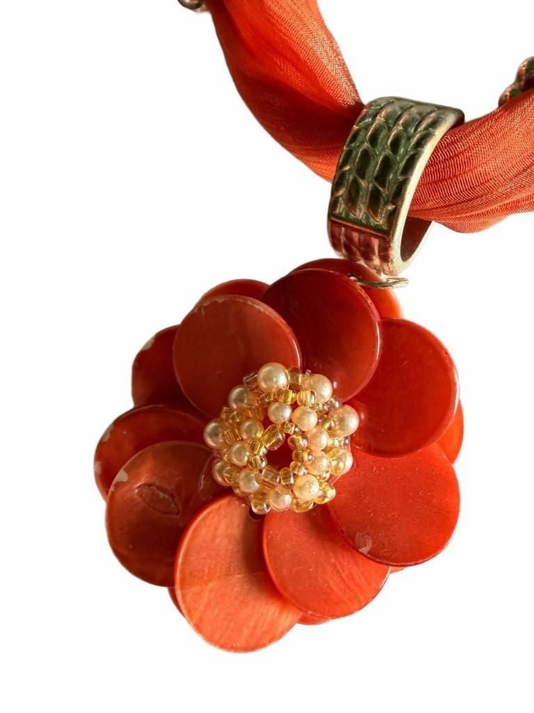 Orange Fabric And Silver Bead Flower Pendant Necklace 3