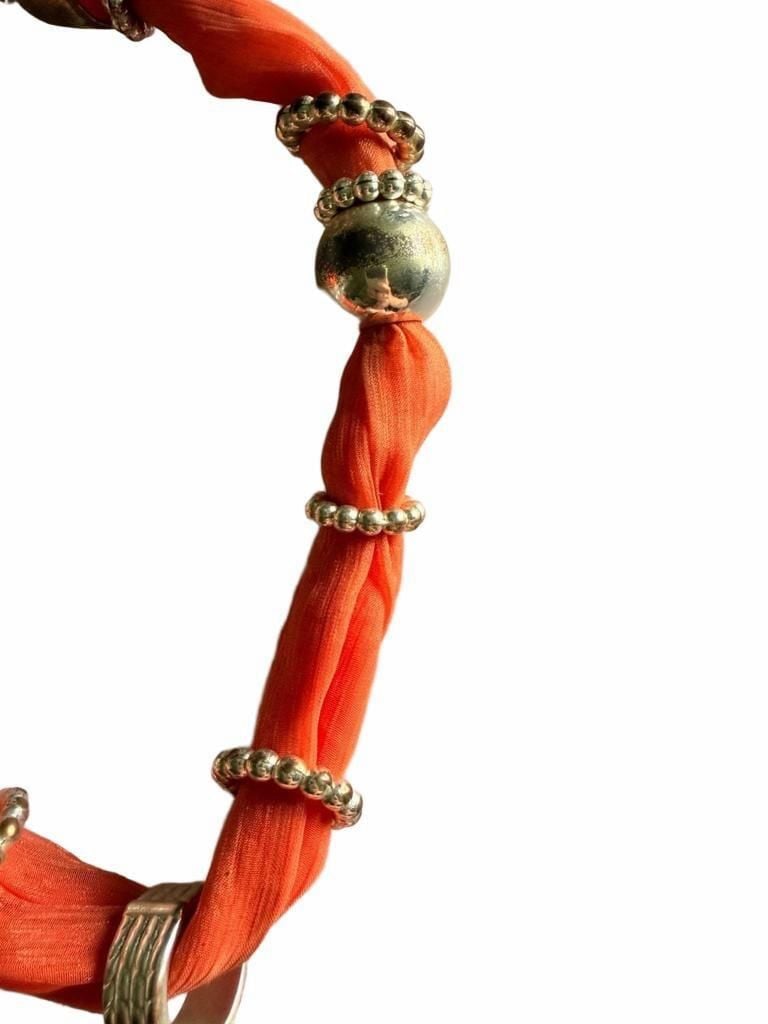 Orange Fabric And Silver Bead Flower Pendant Necklace 5