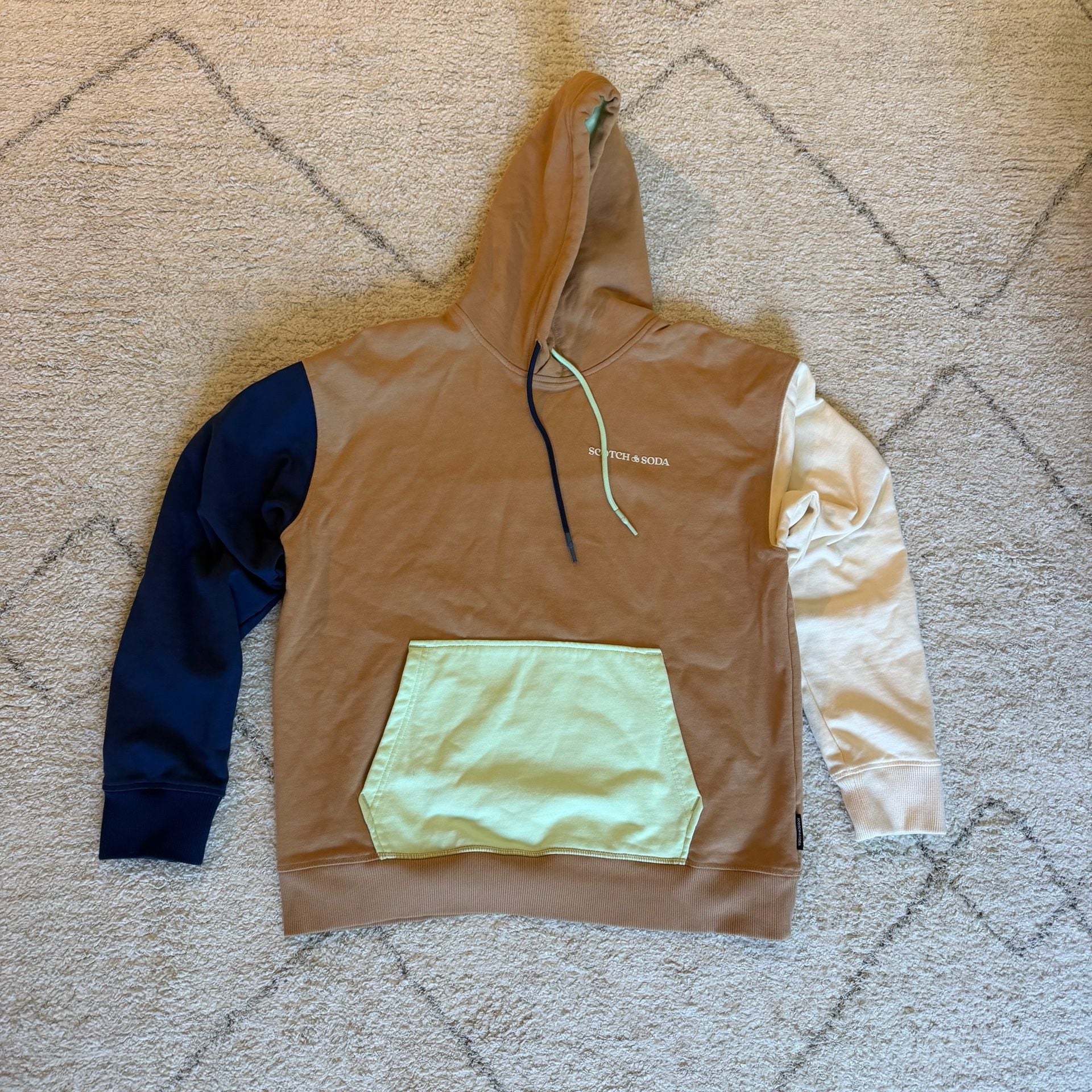 Scotch & Soda Colorblock Pullover Hoodie Men’s XL Brown Navy Cream Mint 2