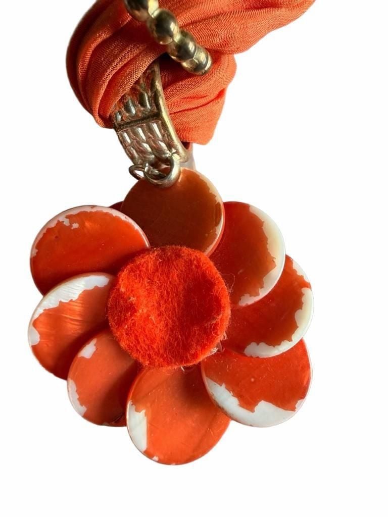 Orange Fabric And Silver Bead Flower Pendant Necklace 6