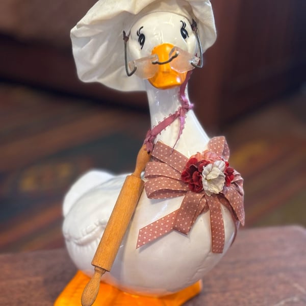 Vintage ‘80s Ceramic Chef Goose Figurine w/ Chef Hat, Rolling Pin & Glasses