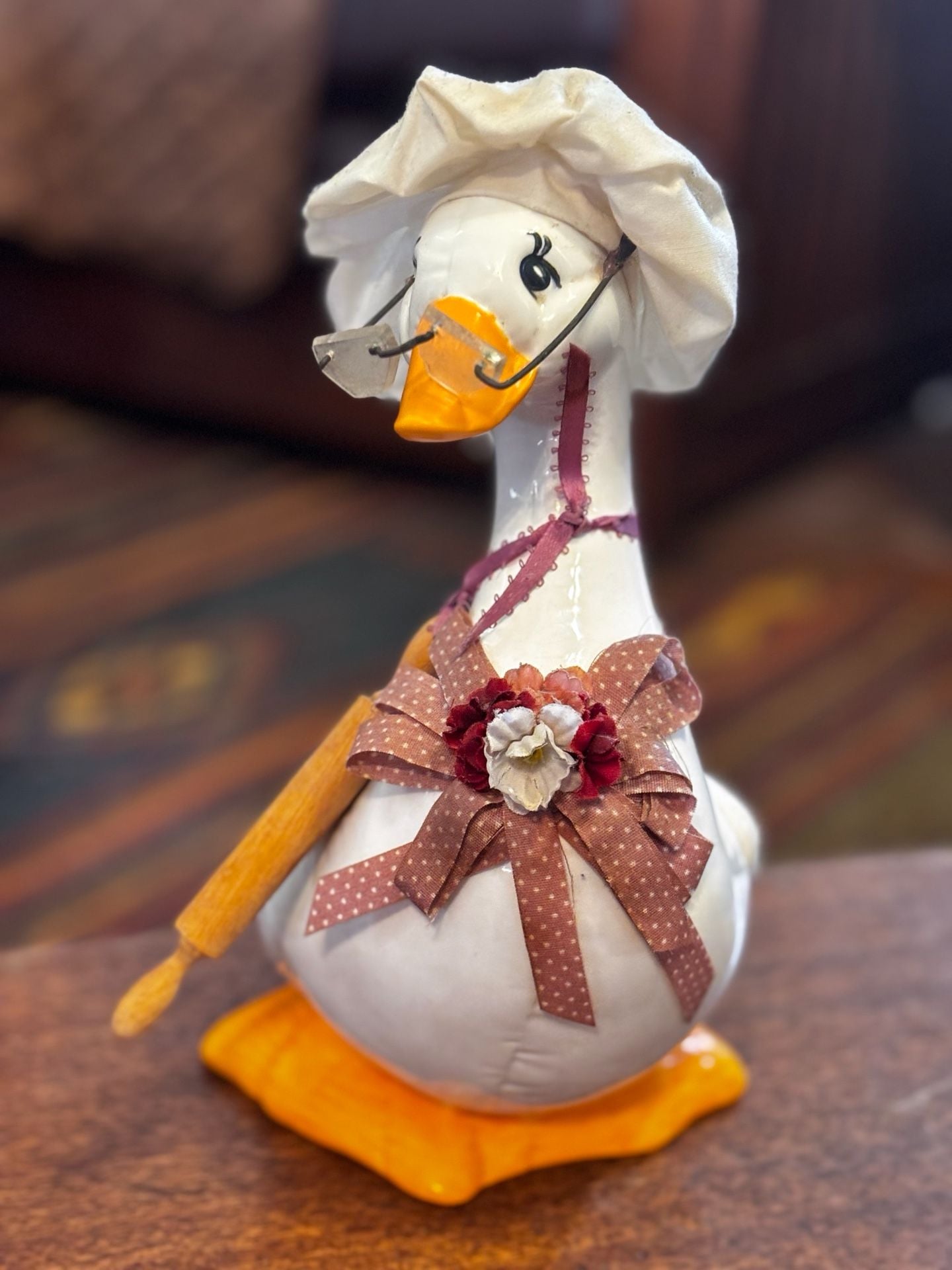 Vintage ‘80s Ceramic Chef Goose Figurine w/ Chef Hat, Rolling Pin & Glasses 3