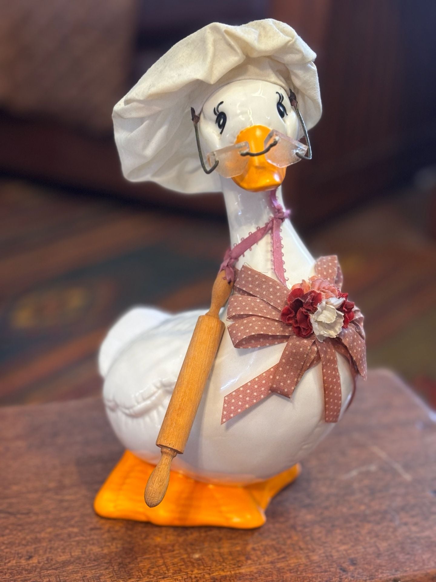 Vintage ‘80s Ceramic Chef Goose Figurine w/ Chef Hat, Rolling Pin & Glasses 7