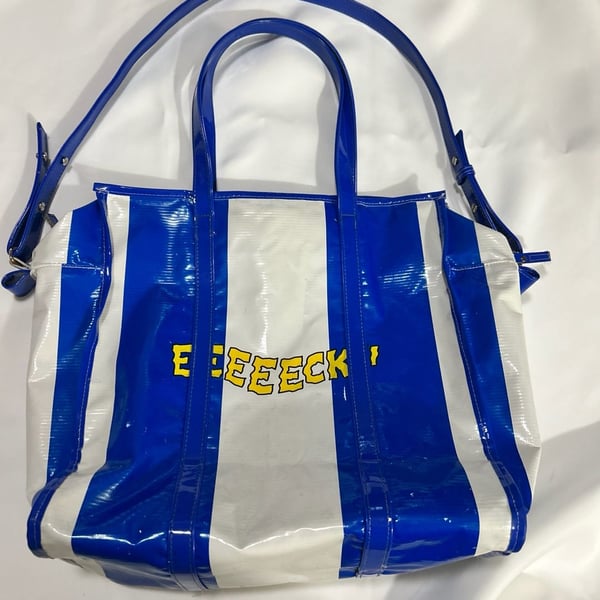 Stereo Vinyls Pink Panther Travel Bag Blue White Striped Tote