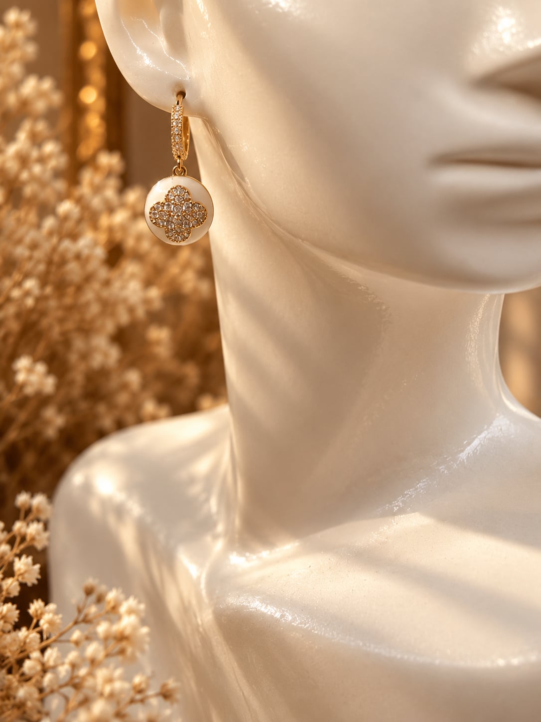 Gold Plated Clover Dangle Hoop Earrings white 2