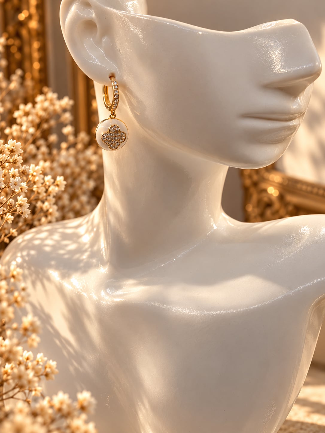 Gold Plated Clover Dangle Hoop Earrings white 3